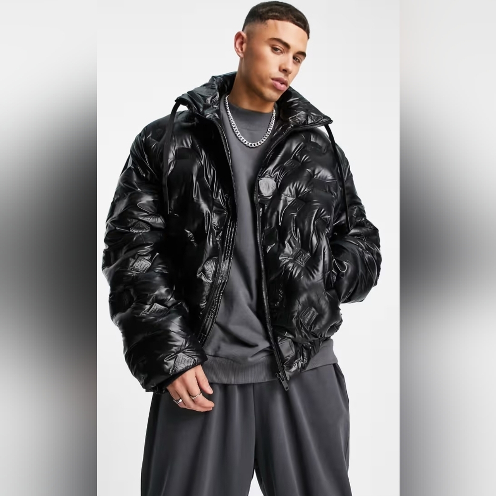 Size S - RIVER ISLAND Oversized Fit Ri Black Monogram Puffer Jacket